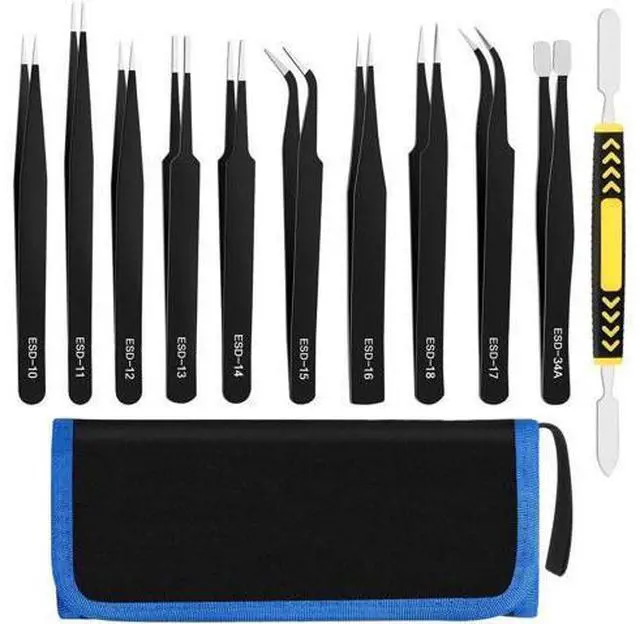Main image of 11PCS ESD Anti-Static Stainless Steel Precision Tweezers Kit with Storage Bag for Electronics, Lab, Jewelry & DIY Crafts