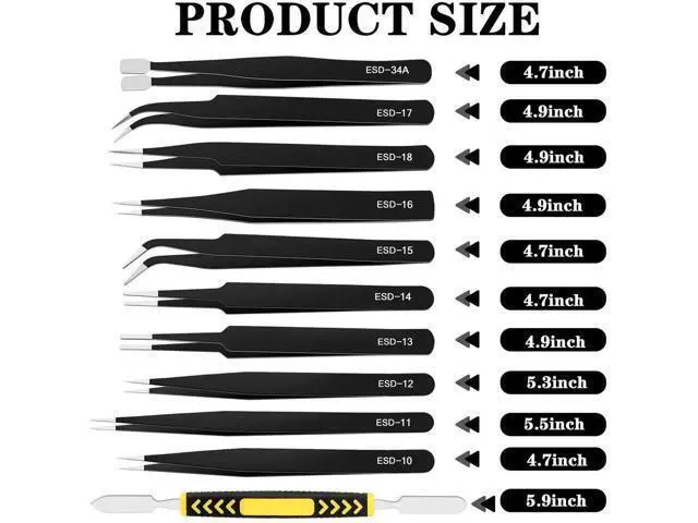 Alt view image 5 of 7 - 11PCS ESD Anti-Static Stainless Steel Precision Tweezers Kit with Storage Bag for Electronics, Lab, Jewelry & DIY Crafts
