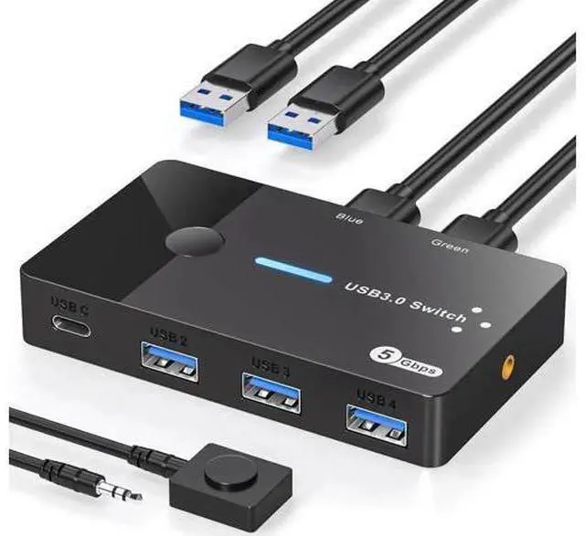Main image of 2-Port USB 3.0 Sharing Switch with 4 Ports, Support USB-A & USB-C Peripherals, External Desktop Controller & 2 USB 3.0 Cables Included for 2 PCs Share Keyboard Mouse Printer Scanner