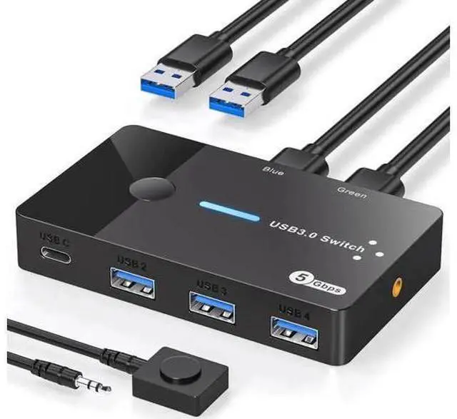 Main image of 2 Computers USB 3.0 Switch Hub, 4 Ports Support USB-A & USB-C Peripherals, Sharing Keyboard Mouse Printer Scanner, Equipped with 2 USB 3.0 Cables & Desktop Controller