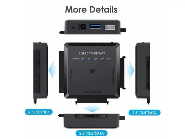 Alt view image 2 of 7 - USB3.0 SATA IDE Hard Drive Reader with One-Touch Clone Function, Fits 2.5/3.5 Inch HDD/SSD, Comes with 12V Power Adapter