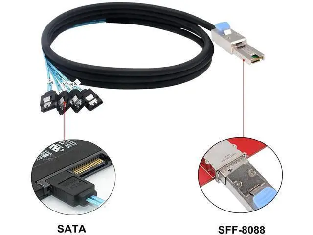 Alt view image 4 of 6 - 2 Pack 1M SFF-8088 Mini SAS 26Pin Male to 4×7Pin SATA Female Breakout Cable with Latch