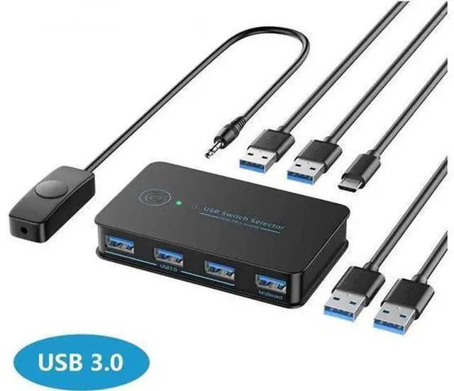 Main image of 2 In 4 Out USB 3.0 KM Switch, 2 PCs Share 4 USB Ports for Printer Keyboard Mouse Scanner, with 2 USB 3.0 Cables, Supports Button / Hotkey / Wired Remote Switching