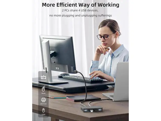 Alt view image 7 of 7 - 2 In 4 Out USB 3.0 KM Switch, 2 PCs Share 4 USB Ports for Printer Keyboard Mouse Scanner, with 2 USB 3.0 Cables, Supports Button / Hotkey / Wired Remote Switching