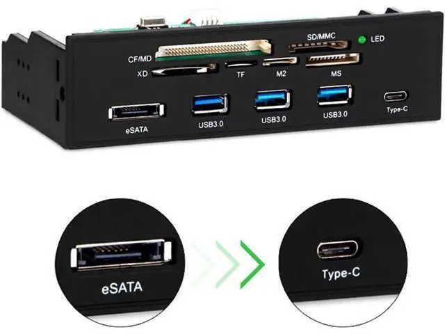 Alt view image 4 of 7 - 5.25 Inch All-in-One PC Front Panel Card Reader, Multifunction Internal Bay Hub with 3×USB3.0, USB2.0, Type-C, eSATA, Supports MD SD MMC XD TF M2 MS CF Up to 64GB Memory Cards