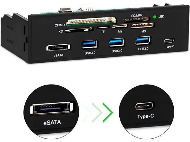 Alt view image 3 of 7 - 5.25 Inch All-in-One Multifunction PC Front Panel Card Reader, Internal Bay Hub with 3 USB3.0, USB2.0, Type-C, eSATA Ports, Supports MD/SD/MMC/XD/TF/M2/MS/CF Cards Up to 64GB