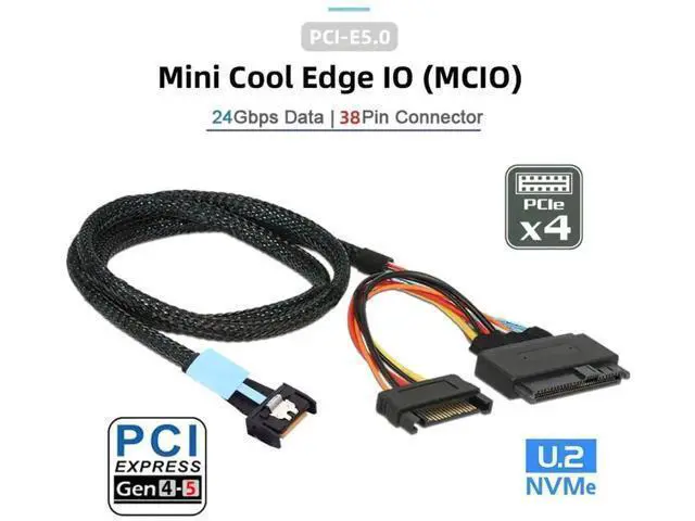 Alt view image 4 of 7 - PCIe 5.0 MCIO 4X 38Pin SFF-TA-1016 to U.2 SFF-8639 NVMe SSD Cable with SATA 15Pin Power, 0.5M Internal Server Storage Cable