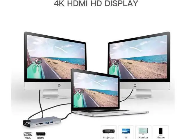 Alt view image 4 of 7 - 9-in-1 Thunderbolt 3 USB C Docking Station, Multiport Adapter with 4K HDMI, VGA, PD Charging, Gigabit Ethernet, 2 USB3.0, SD/TF Reader & 3.5mm Audio for MacBook Pro 13/15