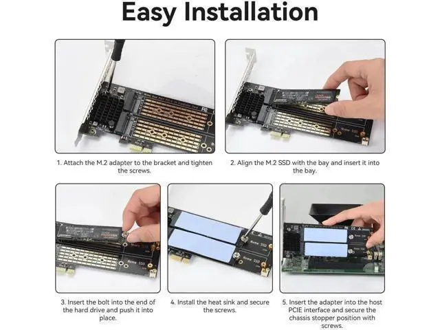 Alt view image 4 of 7 - Dual M.2 NVMe PCIe Expansion Card with Aluminum Heatsink, Supports M Key & B+M Key 2230/2242/2260/2280 SSD, Low Profile Bracket Compatible with PCIe X1/X4/X8/X16 Slots