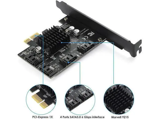 Alt view image 4 of 5 - 4-Port PCIe 3.0 X1 SATA 3.0 Expansion Card, Marvell 88SE9215 Chip, Non-RAID, Bootable for SSD/HDD, Black