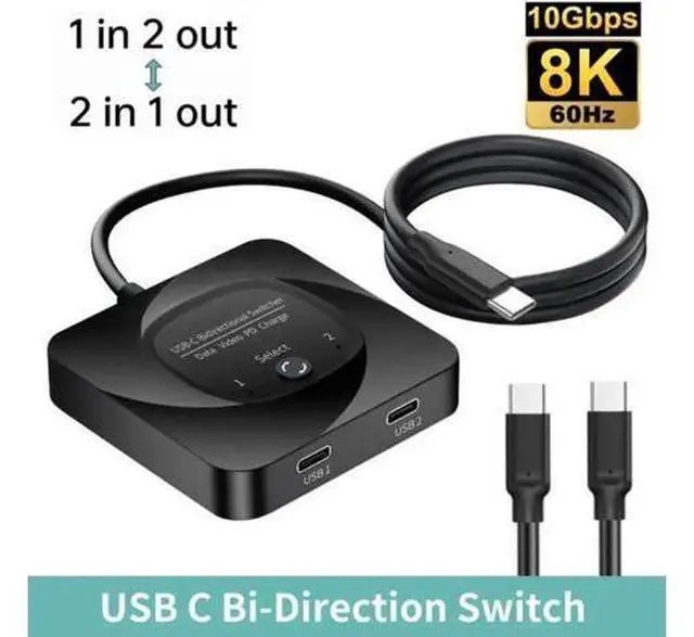 Main image of Bi-Directional USB-C Switch Selector 2 In 1 Out / 1 In 2 Out, 8K@60Hz, USB3.1 Gen2 10Gbps Data, PD 100W Charging with Power Indicator for Laptops & PCs