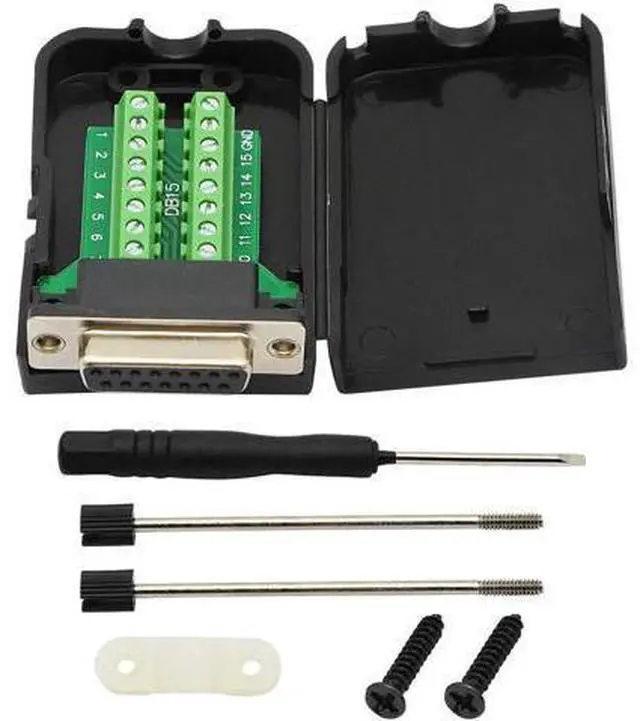 Main image of Black DB15 Female Solderless Breakout Terminal Board with Plastic Housing & Long Screws, D-SUB 15Pin Serial Signal Screw Terminal Adapter Module (FB Version)