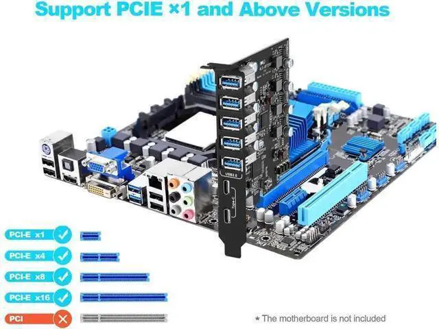 Alt view image 3 of 4 - PCI-E to USB 3.0 Expansion Card, 7 Ports (2 USB-C + 5 USB-A), 5Gbps PCIe x1 Adapter Card with Full-Profile Bracket for Desktop, Supports Windows & Mac OS