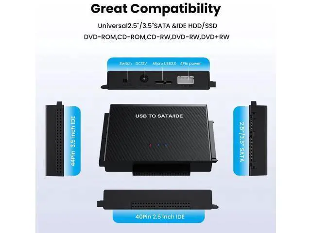 Alt view image 2 of 6 - USB 3.0 to SATA & IDE Hard Drive Reader Adapter Kit with USB Type-C, External Data Recovery Converter for 2.5/3.5 Inch HDD SSD, Equipped with 12V 2A Power Supply Adapter