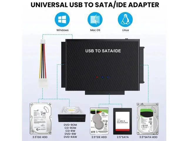 Alt view image 3 of 6 - USB 3.0 to SATA & IDE Hard Drive Reader Adapter Kit with USB Type-C, External Data Recovery Converter for 2.5/3.5 Inch HDD SSD, Equipped with 12V 2A Power Supply Adapter