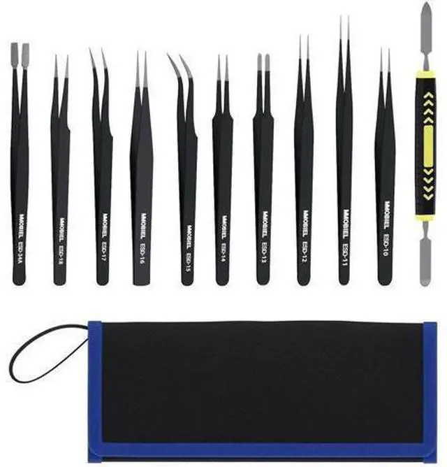 Main image of 10 Pack ESD Anti-Static Stainless Steel Precision Tweezers Set with Spatula & Storage Case, Industrial Fine Tip Tweezers for Electronics Repair, Jewelry, Lab, Craft & Hobby Use