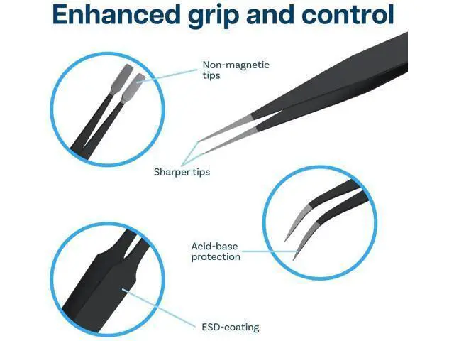 Alt view image 3 of 6 - 10 Pack ESD Anti-Static Stainless Steel Precision Tweezers Set with Spatula & Storage Case, Industrial Fine Tip Tweezers for Electronics Repair, Jewelry, Lab, Craft & Hobby Use