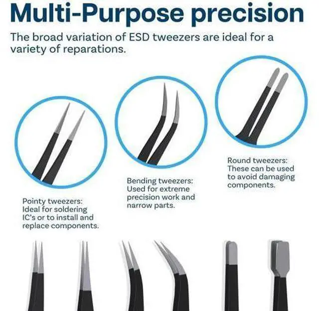 Alt view image 4 of 6 - 10 Pack ESD Anti-Static Stainless Steel Precision Tweezers Set with Spatula & Storage Case, Industrial Fine Tip Tweezers for Electronics Repair, Jewelry, Lab, Craft & Hobby Use