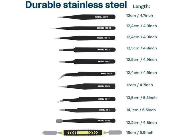 Alt view image 2 of 6 - 10 Pack ESD Anti-Static Stainless Steel Precision Tweezers Set with Spatula & Storage Case, Industrial Fine Tip Tweezers for Electronics Repair, Jewelry, Lab, Craft & Hobby Use