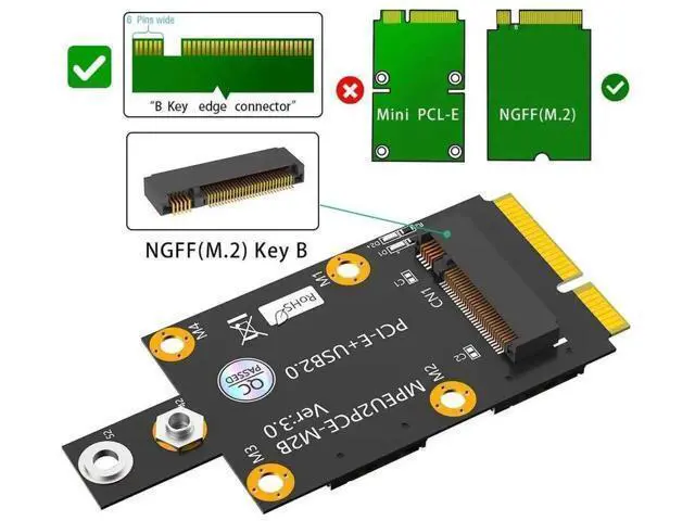Alt view image 3 of 6 - M.2 Key B to Mini PCI-E WWAN Adapter Card with Dual Nano SIM Push Slot, USB2.0 Extension for 3G/4G/5G Cellular Modules