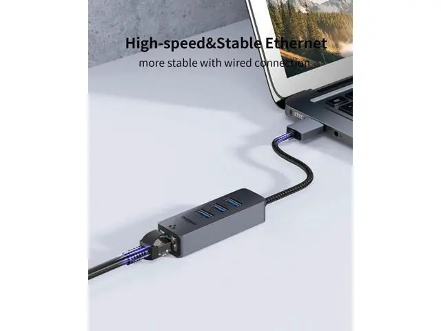 Alt view image 4 of 7 - 2 Pack USB Gigabit Ethernet Adapter with 3 USB 3.0 Ports, USB to RJ45 LAN Network Hub 10/100/1000Mbps, Plug and Play Compatible with Windows, macOS, Surface Pro, XPS, Linux, Smart TV