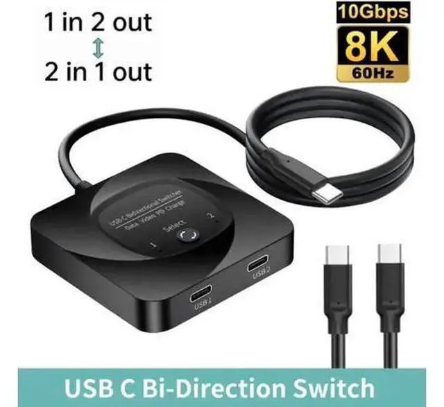 Main image of Bi-Directional USB-C Switch Selector, 2 In 1 Out / 1 In 2 Out Type-C Splitter, 8K@60Hz Video, USB3.1 Gen2 10Gbps Data, 100W PD Charging with LED Indicator for PC, Laptop, Monitor