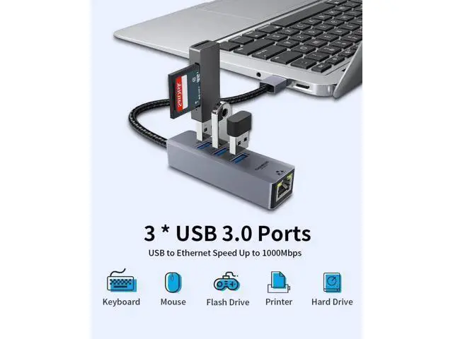Alt view image 2 of 6 - 2 Pack USB Gigabit Ethernet Adapter Hub with 3 USB 3.0 Ports, 10/100/1000Mbps RJ45 LAN Network Converter, Plug & Play Compatible with Windows, macOS, Surface Pro, XPS, Linux, Smart TV