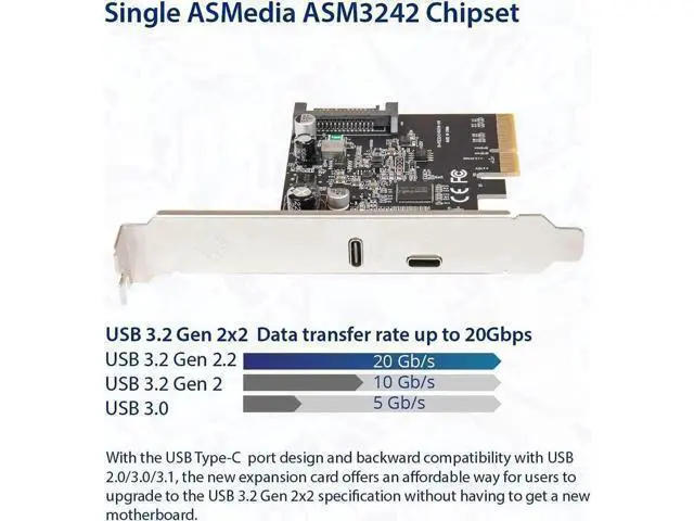 Alt view image 3 of 5 - PCIe Gen3 x4 USB-C 3.2 Gen2x2 20Gbps Expansion Card with 20W QC Fast Charging, SATA 15Pin Powered, ASMedia ASM3242 Controller, Full & Low Profile Brackets for Desktop PC