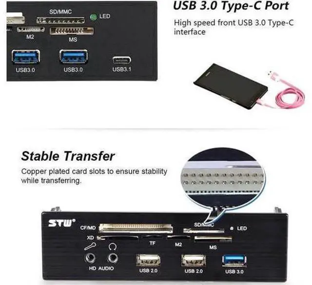 Main image of 5.25 Inch Internal Multi-Function Front Panel Card Reader, USB 3.0 Type-C Media Hub with CF SD MS XD M2 MSO eSATA Port for Desktop Optical Drive Bay