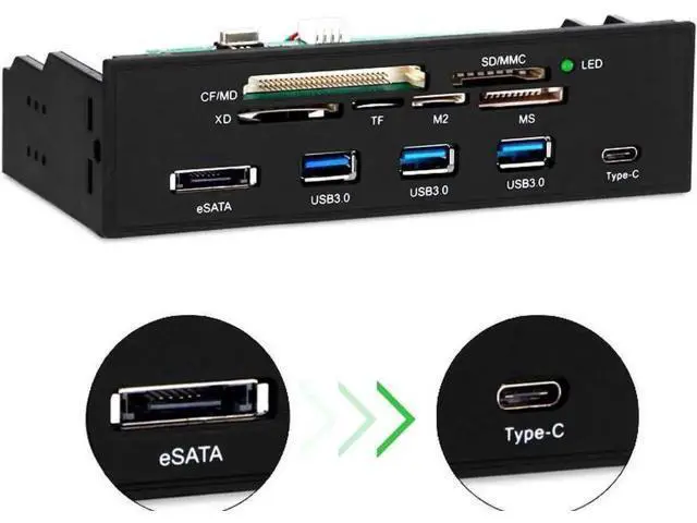 Alt view image 3 of 5 - 5.25 Inch Internal Multi-Function Front Panel Card Reader, USB 3.0 Type-C Media Hub with CF SD MS XD M2 MSO eSATA Port for Desktop Optical Drive Bay