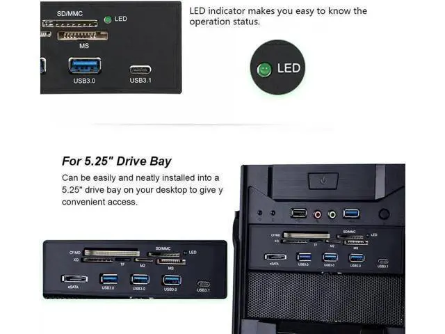 Alt view image 5 of 5 - 5.25 Inch Internal Multi-Function Front Panel Card Reader, USB 3.0 Type-C Media Hub with CF SD MS XD M2 MSO eSATA Port for Desktop Optical Drive Bay