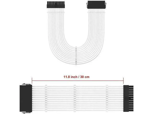 Alt view image 7 of 7 - White Braided ATX 24Pin PSU Extension Cable 11.8 Inch Male to Female with 3 Cable Combs