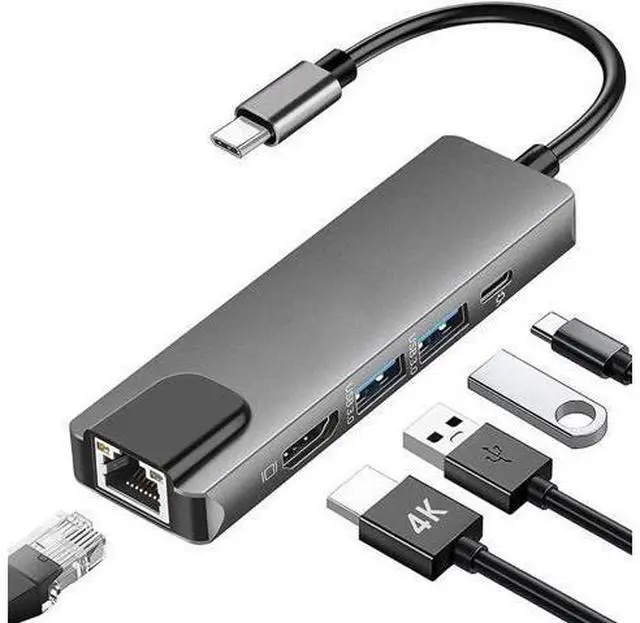 Main image of 5-in-1 USB C Multiport Adapter with Gigabit Ethernet, 4K@60Hz HDMI, 2 USB 3.0 & 100W PD Charging Port, USB C Dock Hub for USB-C Laptops