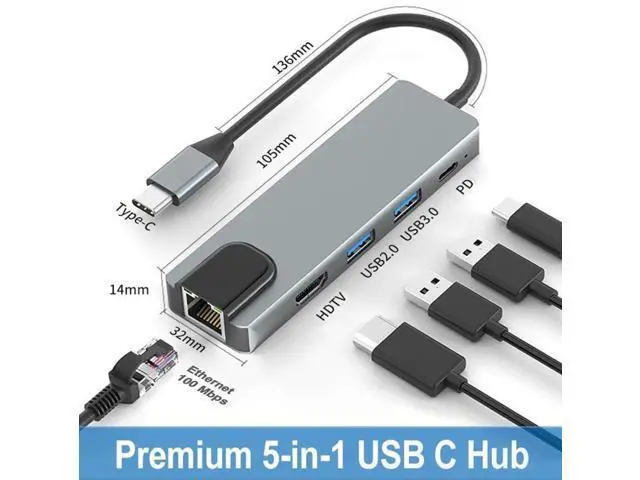 Alt view image 2 of 7 - 5-in-1 USB C Multiport Adapter with Gigabit Ethernet, 4K@60Hz HDMI, 2 USB 3.0 & 100W PD Charging Port, USB C Dock Hub for USB-C Laptops
