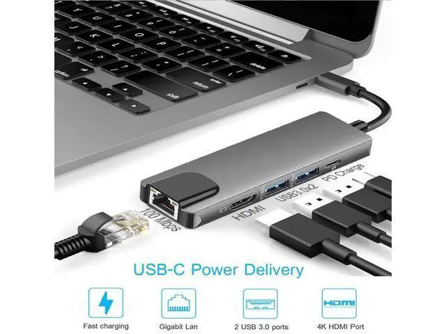 Alt view image 6 of 7 - 5-in-1 USB C Multiport Adapter with Gigabit Ethernet, 4K@60Hz HDMI, 2 USB 3.0 & 100W PD Charging Port, USB C Dock Hub for USB-C Laptops