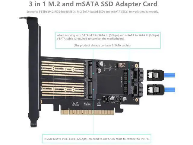 Alt view image 3 of 7 - 3-in-1 M.2 & mSATA SSD Adapter Card with Dual Heatsinks