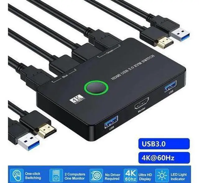 Main image of 2-Port HDMI USB3.0 KVM Switch, 4K@60Hz, 2 PCs Share 1 Monitor Keyboard Mouse Printer, Comes with 2 HDMI Cables & 2 USB Cables