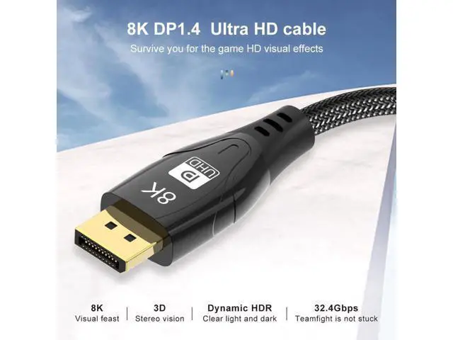 Alt view image 6 of 7 - 8K DisplayPort Cable 1.4, 16.4ft Nylon Braided UHD DP Cable (8K@60Hz,4K@144Hz) Ultra High Speed DisplayPort to DisplayPort Cable 32.4Gbps, and HBR3 for PC, Laptop, HDTV Gaming Monitor- Black