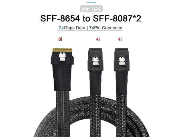 Alt view image 7 of 7 - 50cm PCIe 4.0 Ultraport Slimline SAS Fanout Cable, SFF-8654 8i 74Pin Host to Dual SFF-8087 36Pin Mini SAS Internal Server RAID Storage Breakout Cable
