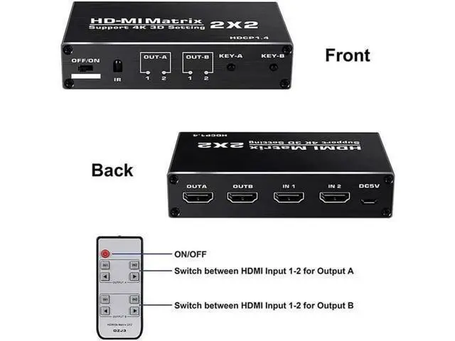 Alt view image 2 of 7 - 2x2 HDMI Matrix Switch 2 in 2 Out with IR Remote Control, 18Gbps Bandwidth 4K@60Hz Ultra HD Matrix Splitter Supports 1080P, HDCP 1.4, Model OZJ3