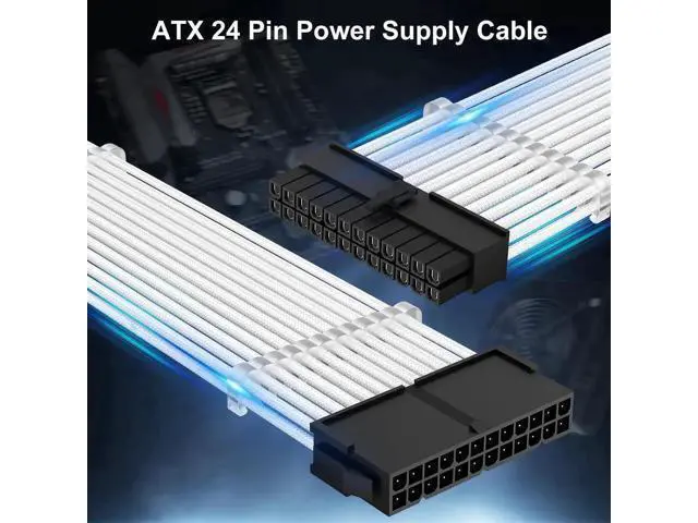 Alt view image 2 of 7 - White Braided ATX 24Pin PSU Extension Cable 11.8 Inch Male to Female with 3 Cable Combs