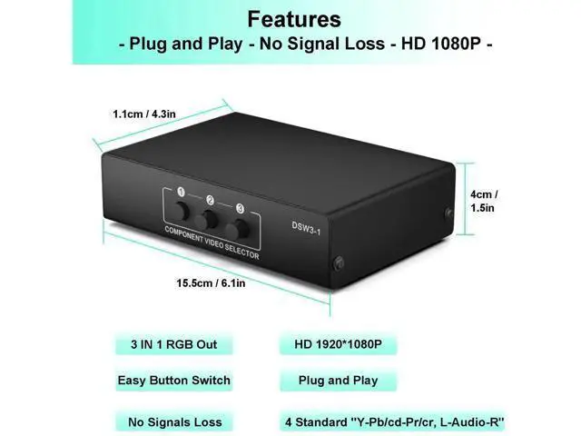 Alt view image 5 of 7 - 3 in 1 Out Component AV Switch Box, 3-Port 5 RCA YPbPr RGB Component Video Selector with L/R Stereo Audio, Supports 1080P, Compatible with Xbox, Wii, PS1/PS2/PS3, SNES, DVD Players, STB and HDTV