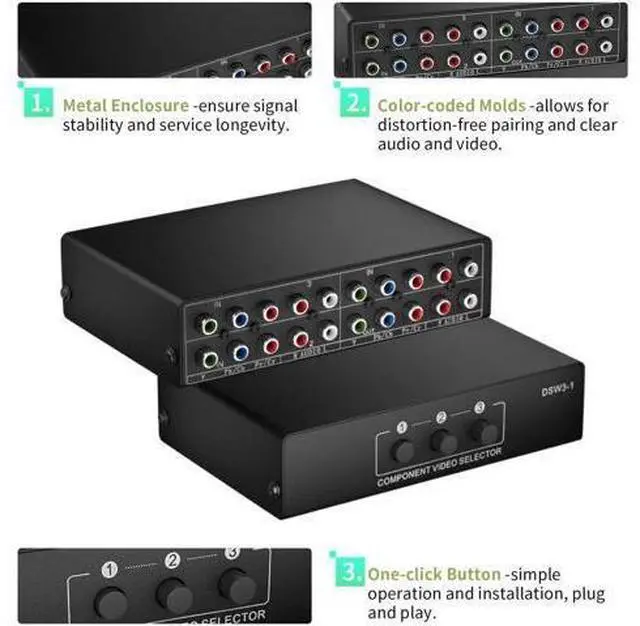 Alt view image 6 of 7 - 3 in 1 Out Component AV Switch Box, 3-Port 5 RCA YPbPr RGB Component Video Selector with L/R Stereo Audio, Supports 1080P, Compatible with Xbox, Wii, PS1/PS2/PS3, SNES, DVD Players, STB and HDTV