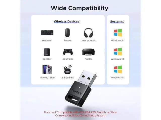 Alt view image 2 of 6 - UGREEN USB Bluetooth 5.4 Adapter for PC, Bluetooth Dongle Receiver Transmitter EDR & BLE, Plug & Play for Windows 11/10/8.1, Wireless Connect Keyboard, Mouse, Headphones, Speakers, Printers for Deskto