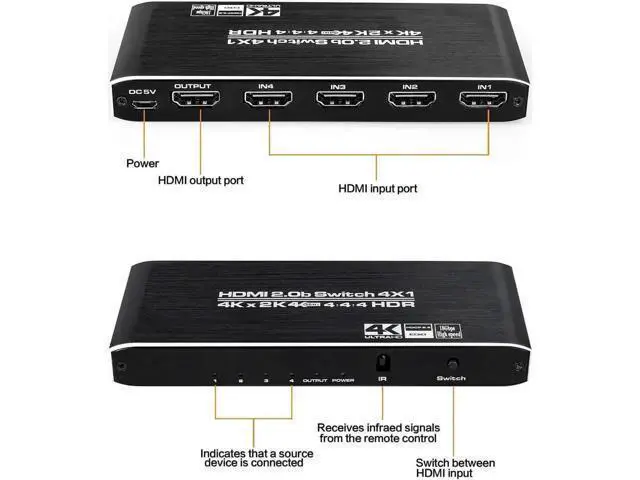 Alt view image 7 of 7 - 4 in 1 Out HDMI 2.0 Switch 4K@60Hz with IR Remote, 4-Port HDMI Switcher Support HDR HDCP2.2 3D 1080P, for PS4, Xbox One, Fire TV, Apple TV, Sky Box, STB, DVD, Roku
