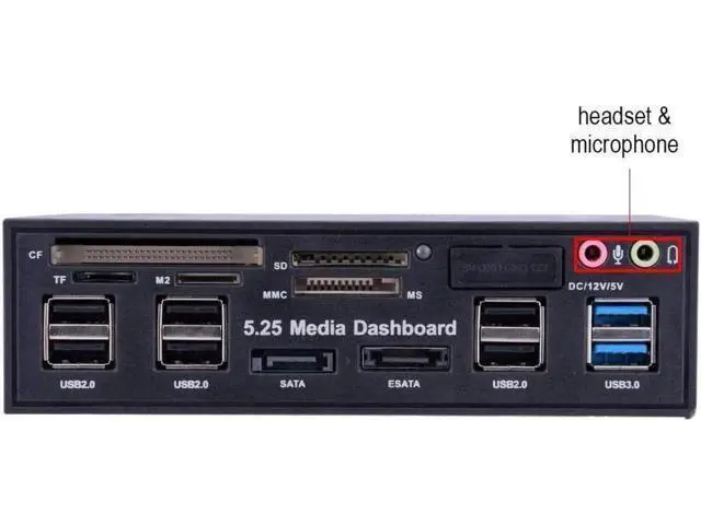 Alt view image 5 of 5 - 5.25 Inch Multifunction Media Dashboard Front Panel, All-in-1 Internal Card Reader with USB3.0/USB2.0 Hub, eSATA, HD Audio Jack & Molex 4Pin Power Port, Supports M2, TF, SD, MS, CF Multi Memory Cards