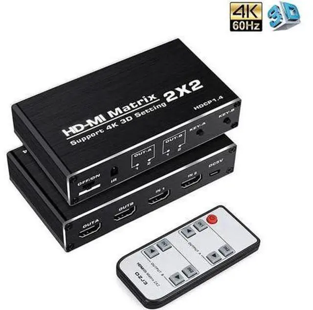 Main image of OZJ3 2x2 HDMI 2.0b Matrix Switch 4K@60Hz with IR Remote, Ultra HD 2 In 2 Out HDMI Matrix Splitter Support HDR, 3D, 1080P, YUV 4:2:0, HDCP 1.4 for HDTV, Monitor, Projector, Game Consoles