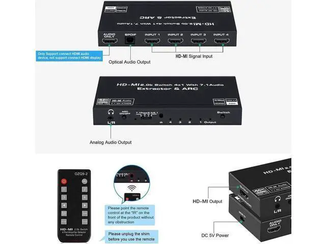 Alt view image 4 of 7 - 4 Port HDMI 2.0b Switch 4K@60Hz Audio Extractor, 4 in 1 Out HDMI Splitter with Optical SPDIF & 3.5mm AUX Out, Remote Control, ARC, HDR, Dolby Vision, HDCP 2.2, 18Gbps Bandwidth