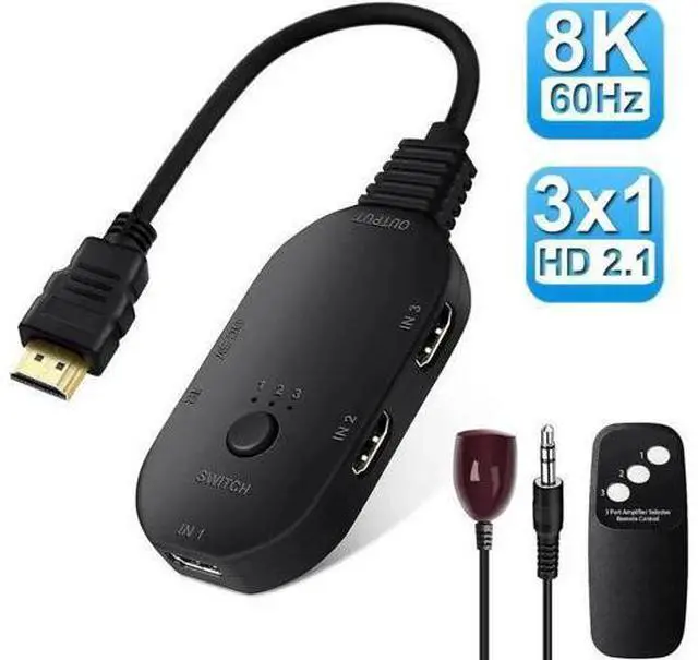 Main image of 8K@60Hz HDMI 2.1 Switch 3 in 1 Out with IR Remote, 3-Port 48Gbps HDMI Selector Switcher, Support HDCP 2.3, VRR, HDR, 3D, Compatible with Fire Stick, HDTV, PS4 PS5, Xbox, Game Consoles, PC, Projector