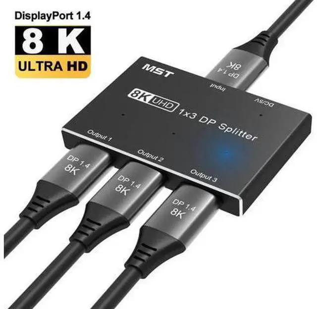 Main image of 1 in 3 Out DisplayPort 1.4 Splitter MST SST Adapter, 8K@30Hz 4K@144Hz Triple DP Splitter, Ultra HD DP Source to 3 Monitors
